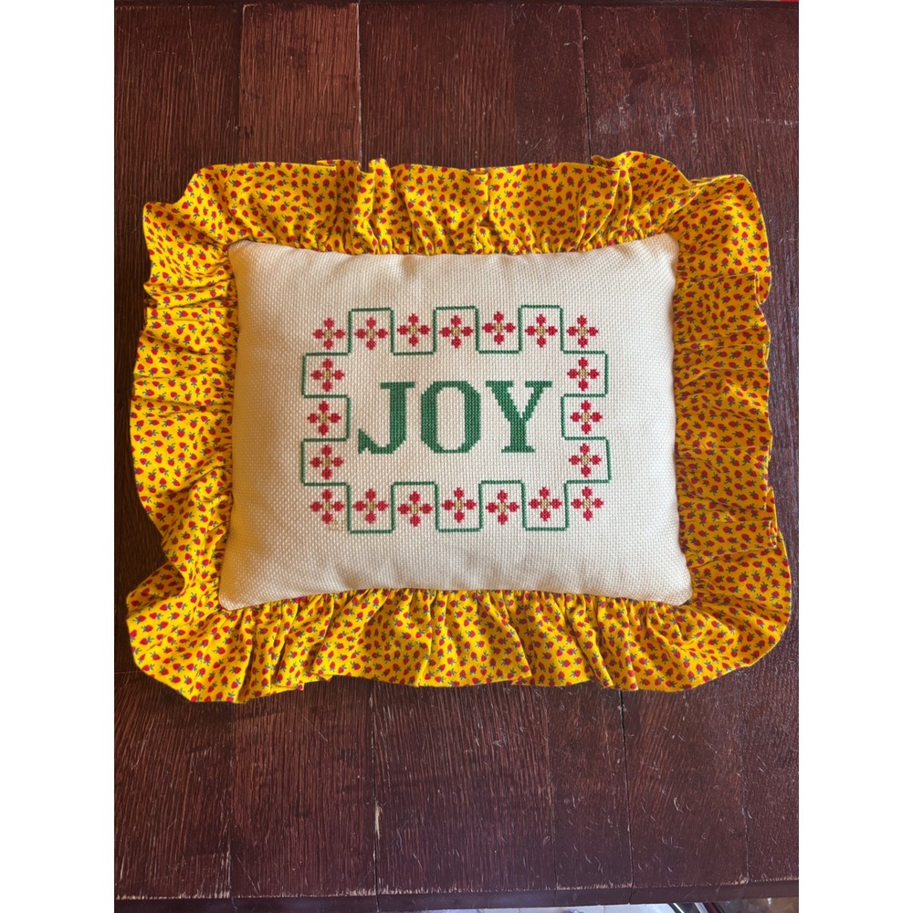 Vintage Handmade Needlepoint Joy Pillow Yellow Strawberry Ruffle Trim 14x12